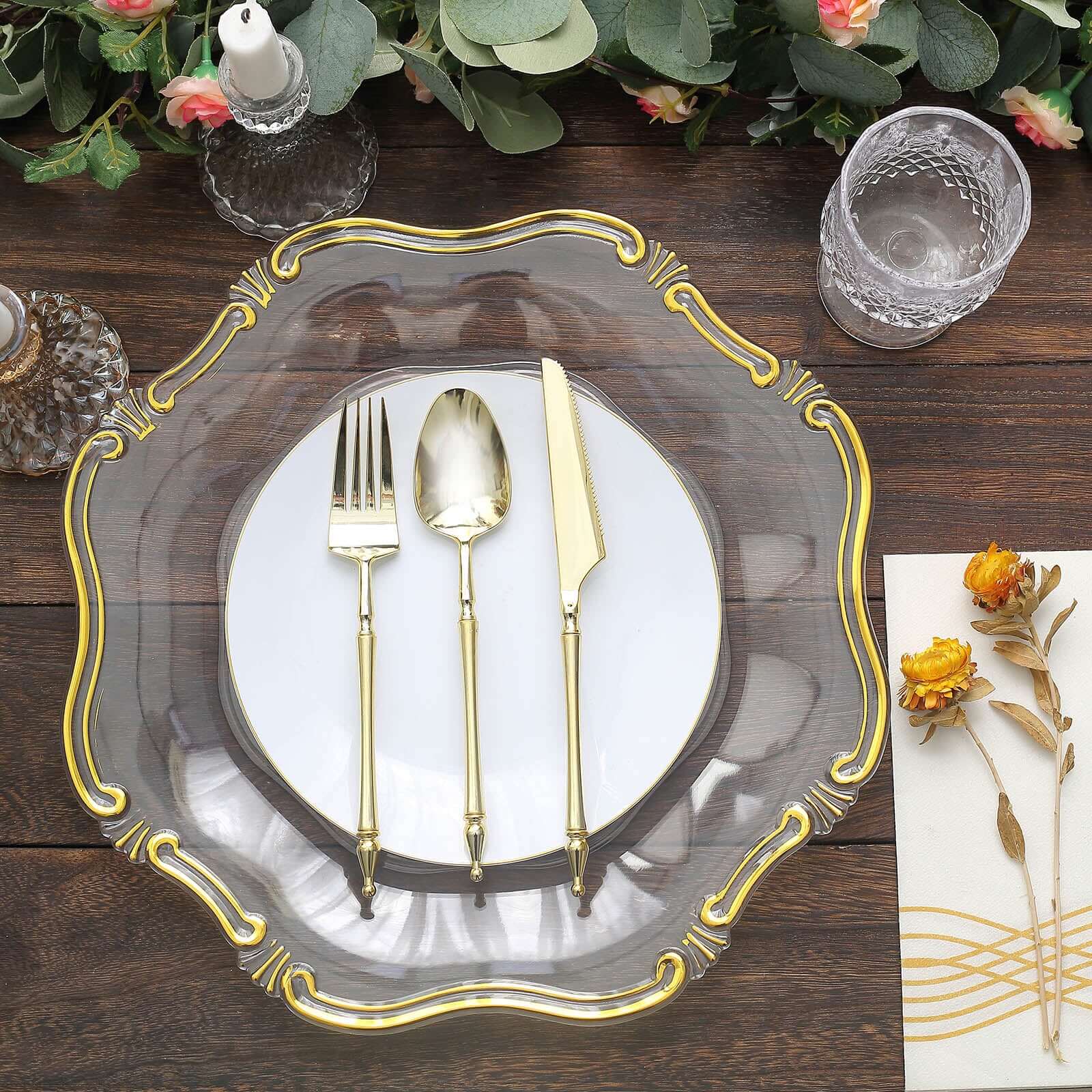 6 - Pack Acrylic Plastic Hexagon Charger Plates 13" in Clear with Gold Baroque Scalloped Rim, Exquisite Dinner Serving Plates - Bell Racket Store