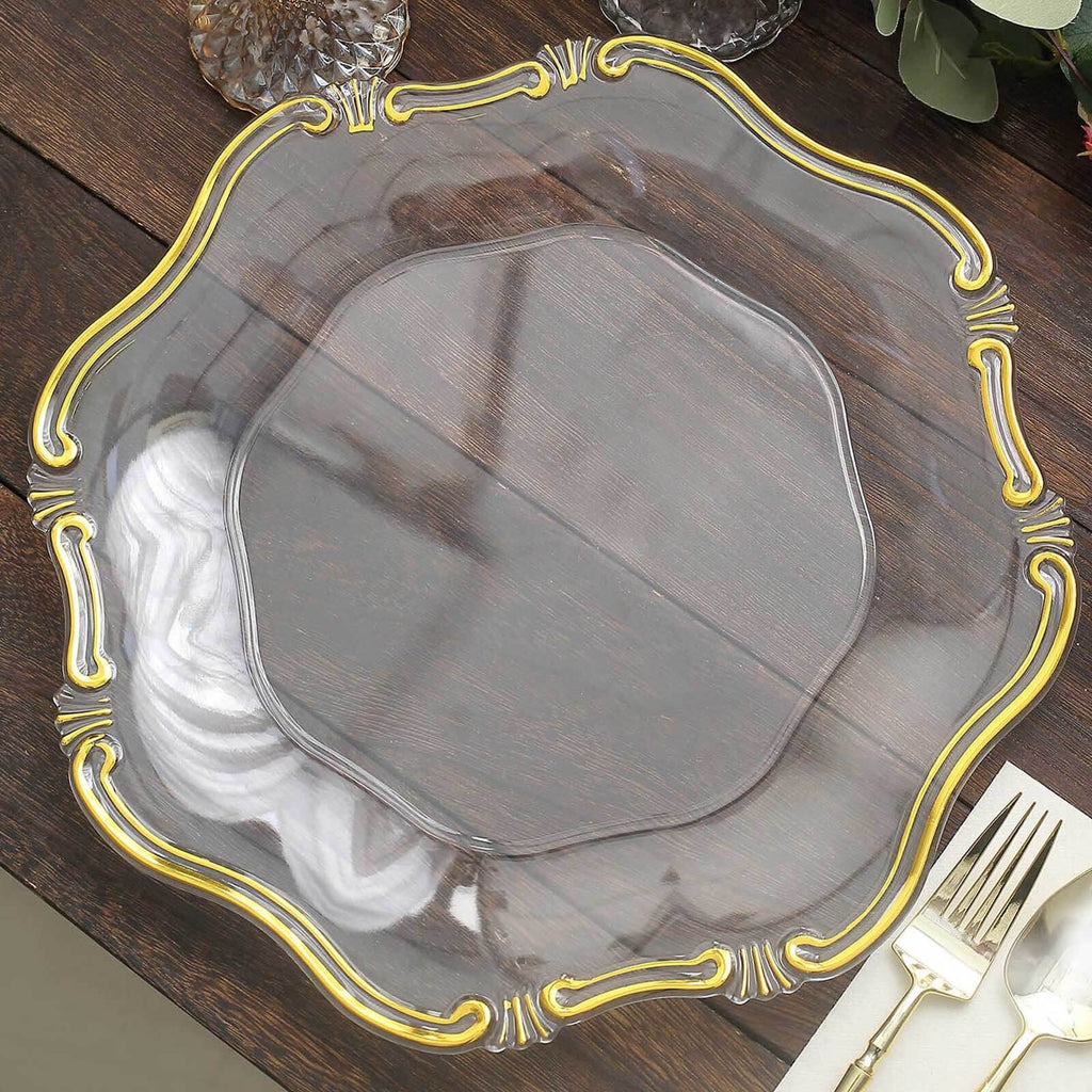 6 - Pack Acrylic Plastic Hexagon Charger Plates 13" in Clear with Gold Baroque Scalloped Rim, Exquisite Dinner Serving Plates - Bell Racket Store