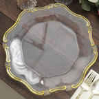 6 - Pack Acrylic Plastic Hexagon Charger Plates 13" in Clear with Gold Baroque Scalloped Rim, Exquisite Dinner Serving Plates - Bell Racket Store