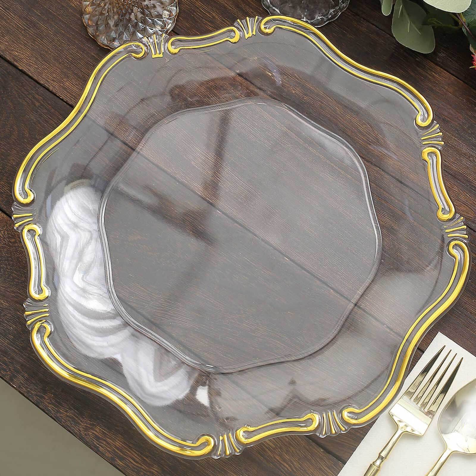 6 - Pack Acrylic Plastic Hexagon Charger Plates 13" in Clear with Gold Baroque Scalloped Rim, Exquisite Dinner Serving Plates - Bell Racket Store