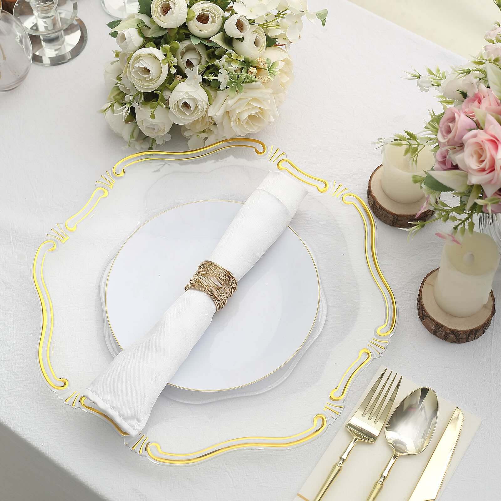 6 - Pack Acrylic Plastic Hexagon Charger Plates 13" in Clear with Gold Baroque Scalloped Rim, Exquisite Dinner Serving Plates - Bell Racket Store