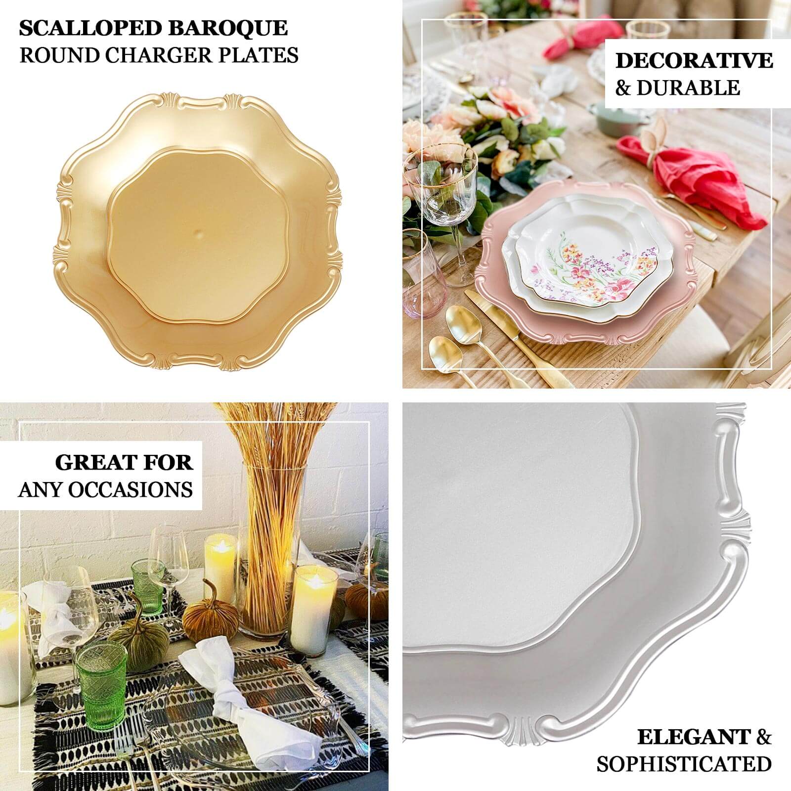 6 - Pack Acrylic Plastic Hexagon Charger Plates 13" in Clear with Gold Baroque Scalloped Rim, Exquisite Dinner Serving Plates - Bell Racket Store