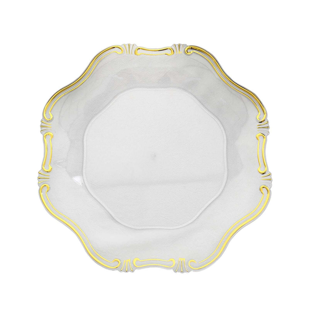 6 - Pack Acrylic Plastic Hexagon Charger Plates 13" in Clear with Gold Baroque Scalloped Rim, Exquisite Dinner Serving Plates - Bell Racket Store