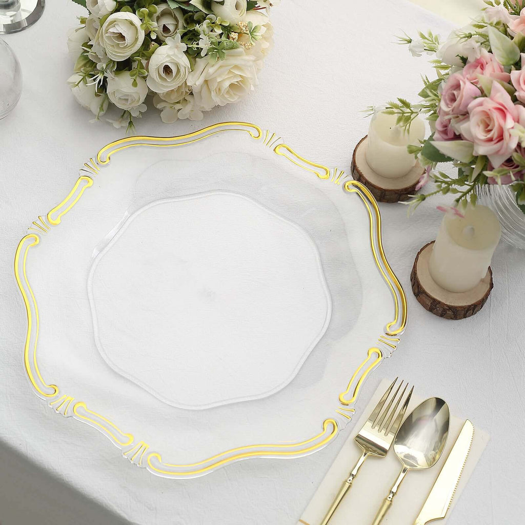 6 - Pack Acrylic Plastic Hexagon Charger Plates 13" in Clear with Gold Baroque Scalloped Rim, Exquisite Dinner Serving Plates - Bell Racket Store