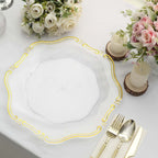 6 - Pack Acrylic Plastic Hexagon Charger Plates 13" in Clear with Gold Baroque Scalloped Rim, Exquisite Dinner Serving Plates - Bell Racket Store