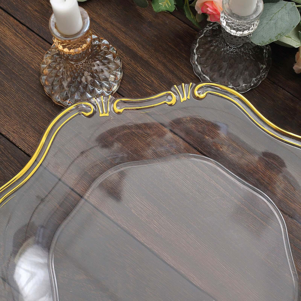 6 - Pack Acrylic Plastic Hexagon Charger Plates 13" in Clear with Gold Baroque Scalloped Rim, Exquisite Dinner Serving Plates - Bell Racket Store