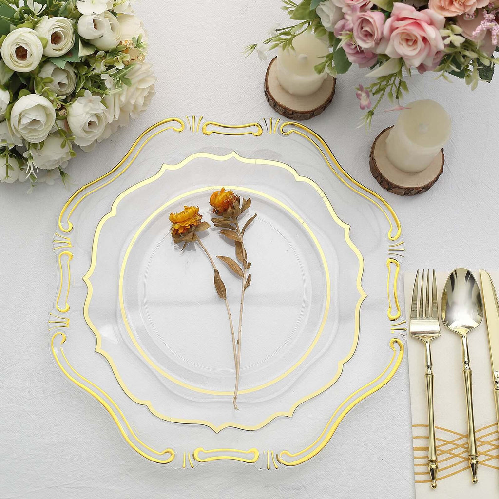 6 - Pack Acrylic Plastic Hexagon Charger Plates 13" in Clear with Gold Baroque Scalloped Rim, Exquisite Dinner Serving Plates - Bell Racket Store