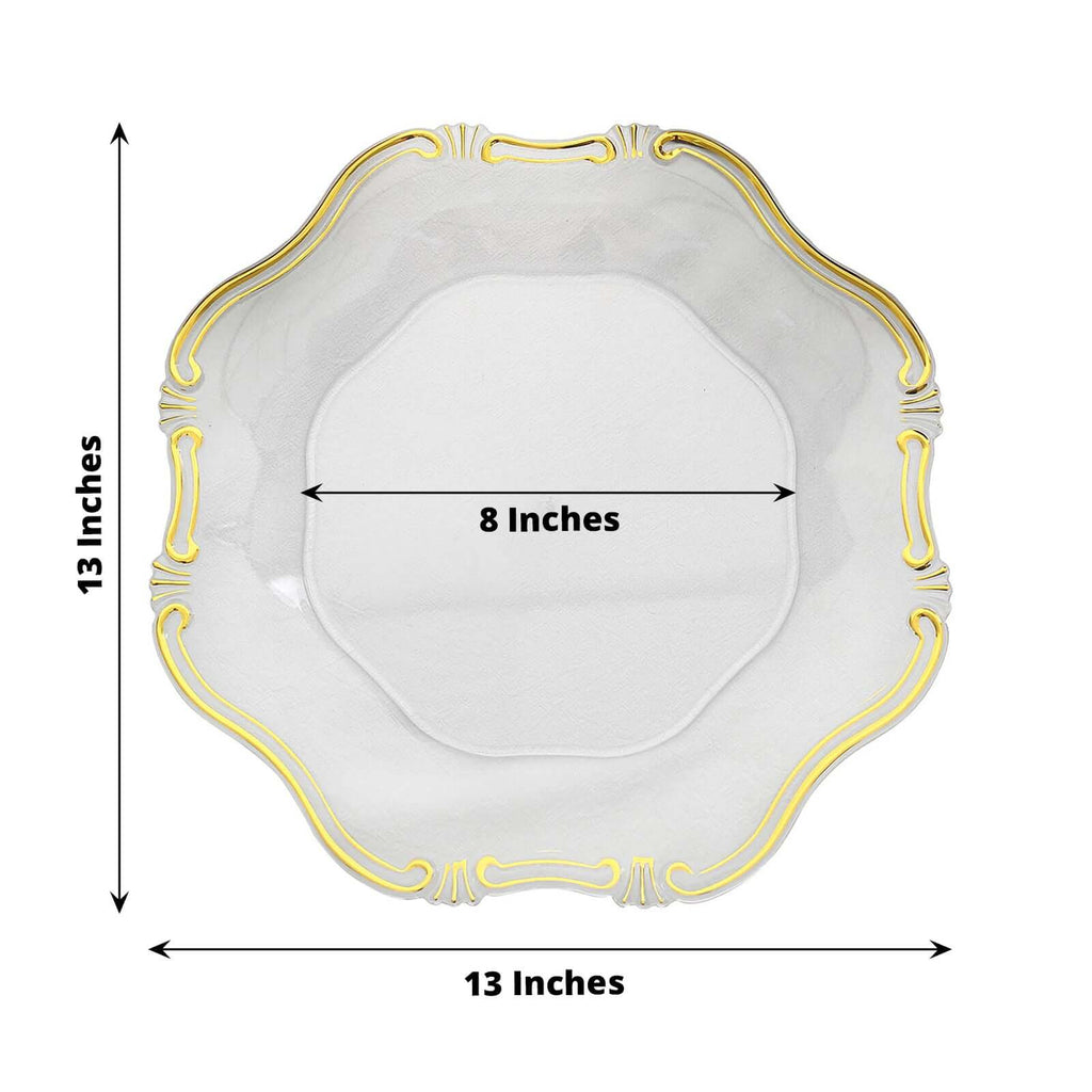 6 - Pack Acrylic Plastic Hexagon Charger Plates 13" in Clear with Gold Baroque Scalloped Rim, Exquisite Dinner Serving Plates - Bell Racket Store