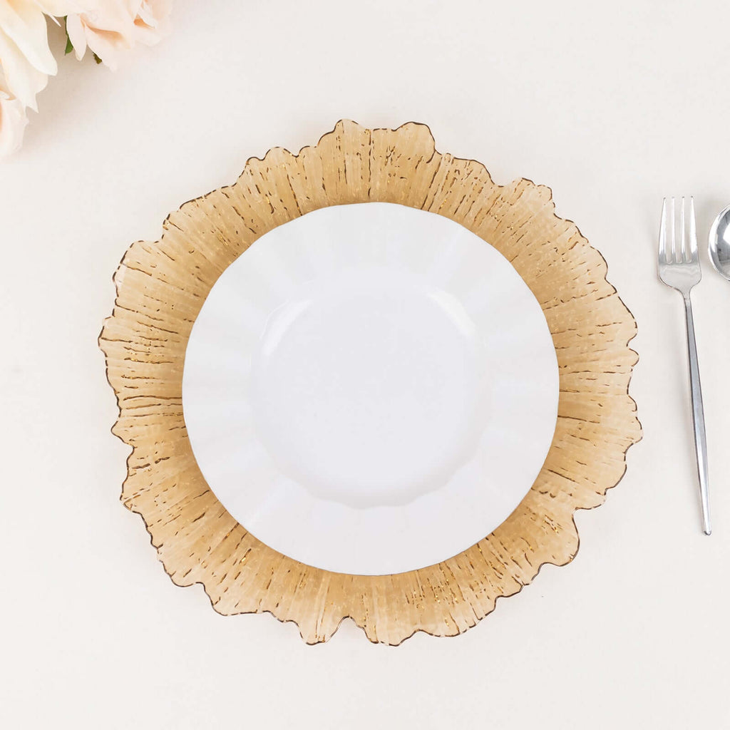 6 - Pack Acrylic Plastic Round Charger Plates 13" in Amber Gold with Reef Design, Dinner Charger Tableware - Bell Racket Store