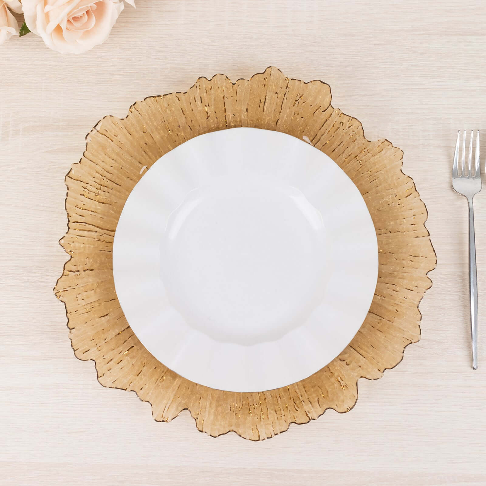 6 - Pack Acrylic Plastic Round Charger Plates 13" in Amber Gold with Reef Design, Dinner Charger Tableware - Bell Racket Store