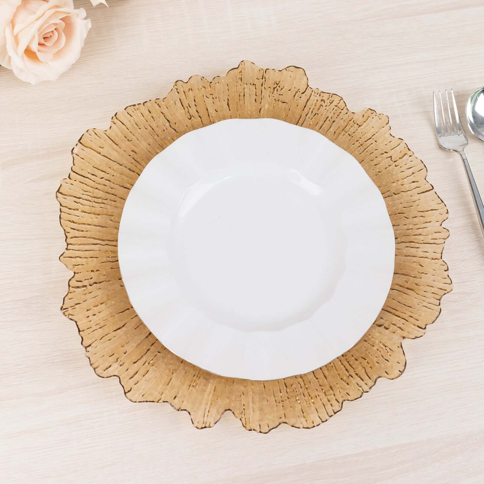 6 - Pack Acrylic Plastic Round Charger Plates 13" in Amber Gold with Reef Design, Dinner Charger Tableware - Bell Racket Store