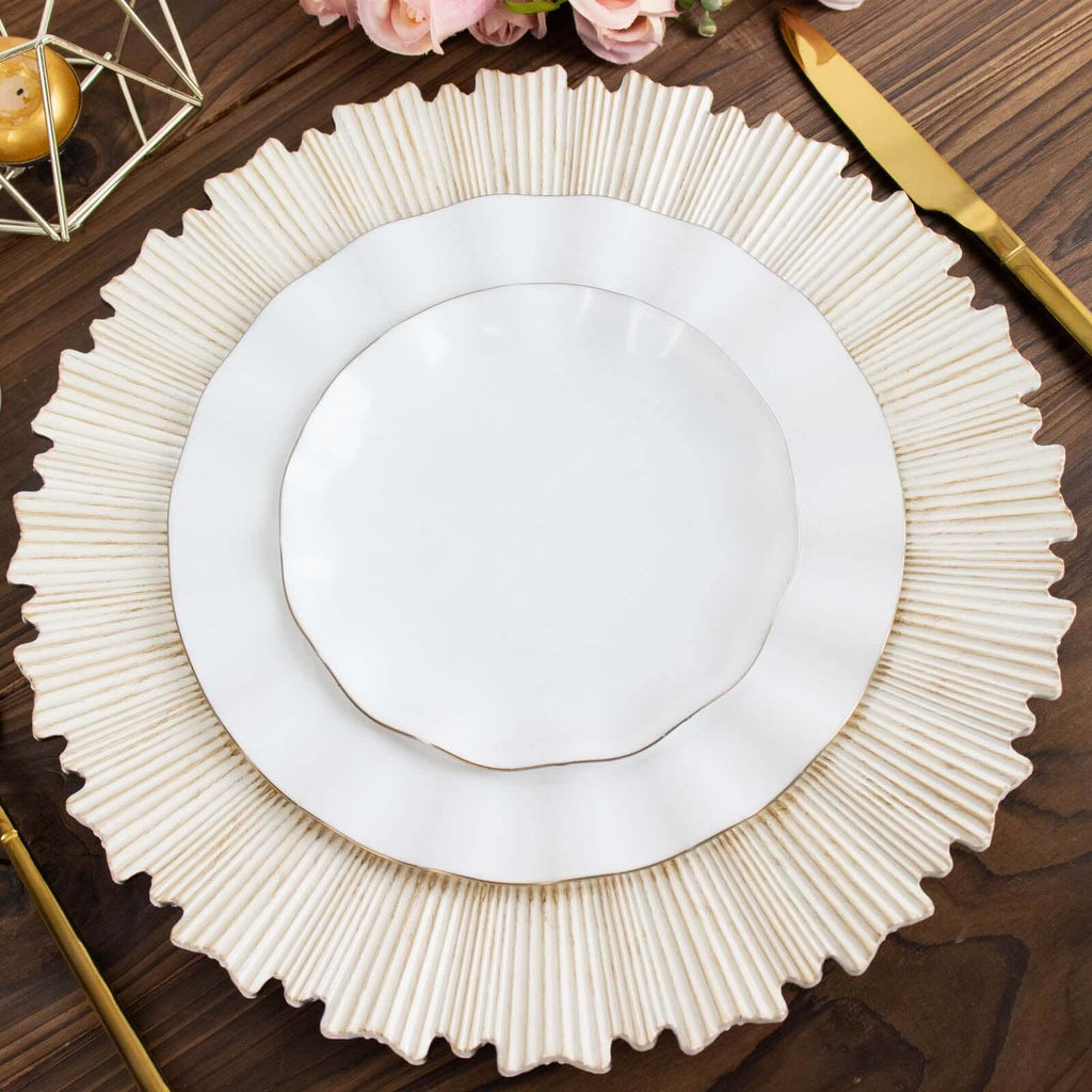 6 - Pack Acrylic Plastic Round Charger Plates 13" in Antique White with Sunray Scalloped Rim, Decorative Dinner Party Charger Tableware - Bell Racket Store