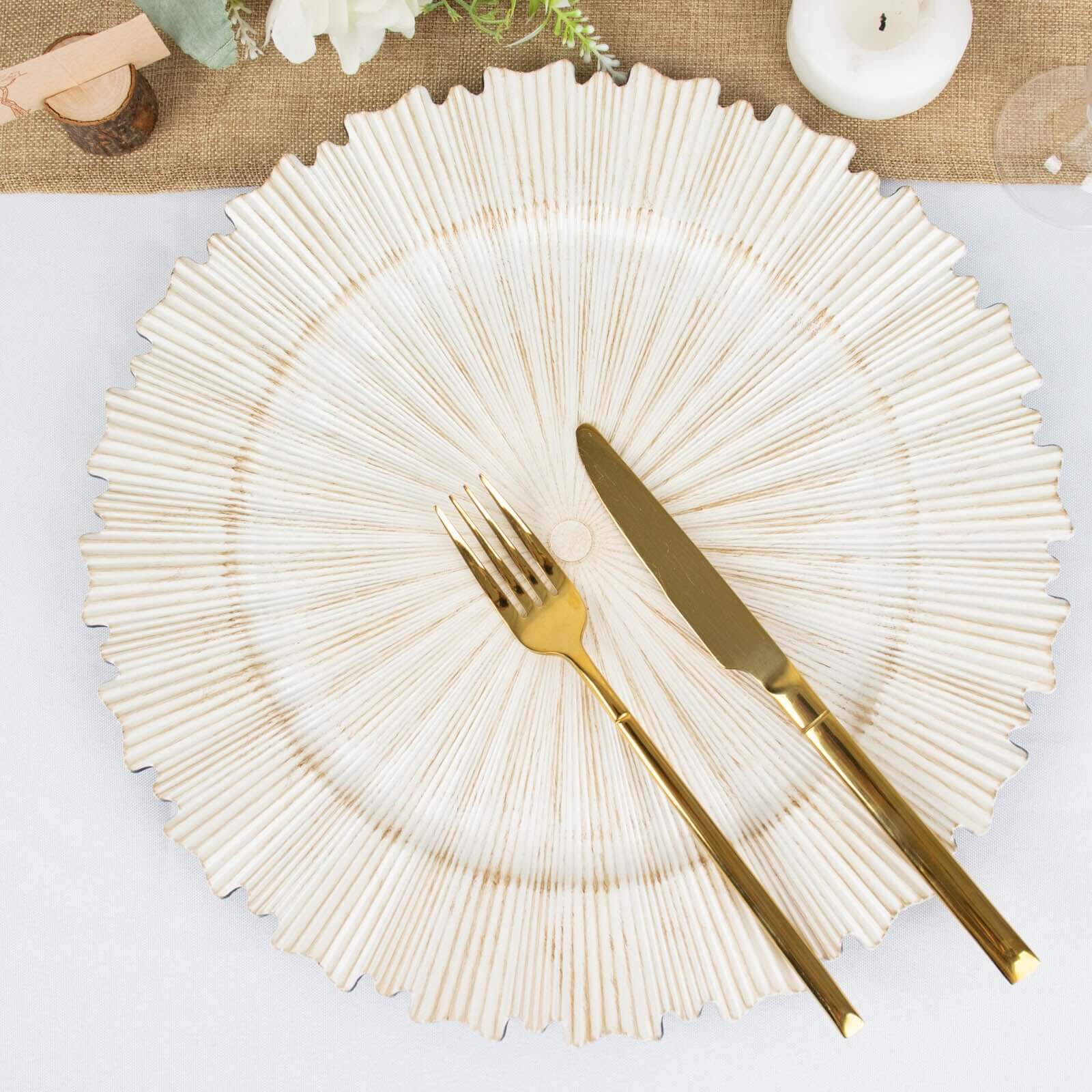 6 - Pack Acrylic Plastic Round Charger Plates 13" in Antique White with Sunray Scalloped Rim, Decorative Dinner Party Charger Tableware - Bell Racket Store