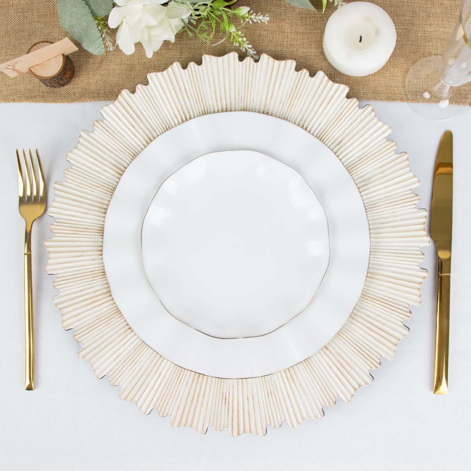 6 - Pack Acrylic Plastic Round Charger Plates 13" in Antique White with Sunray Scalloped Rim, Decorative Dinner Party Charger Tableware - Bell Racket Store