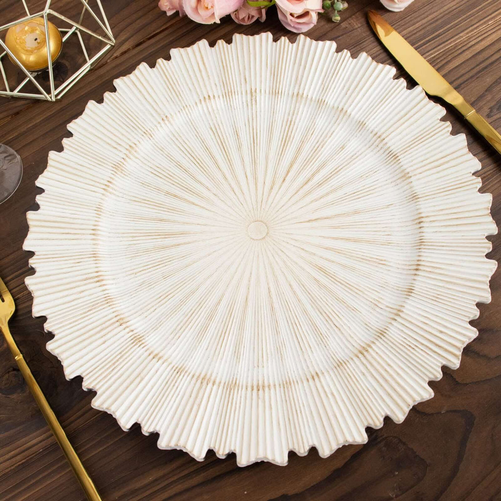 6 - Pack Acrylic Plastic Round Charger Plates 13" in Antique White with Sunray Scalloped Rim, Decorative Dinner Party Charger Tableware - Bell Racket Store