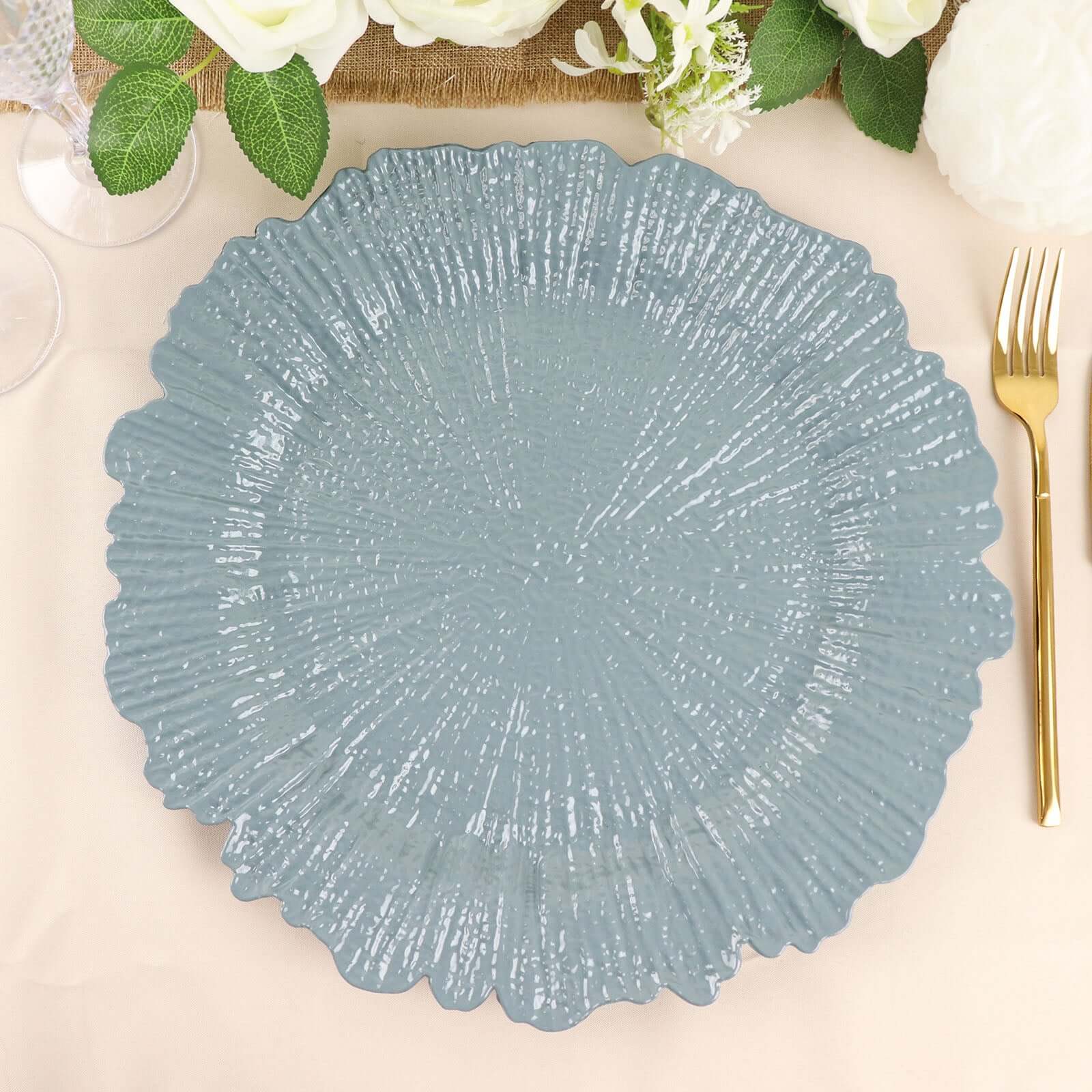 6 - Pack Acrylic Plastic Round Charger Plates 13" in Dusty Blue with Reef Design, Dinner Charger Tableware - Bell Racket Store