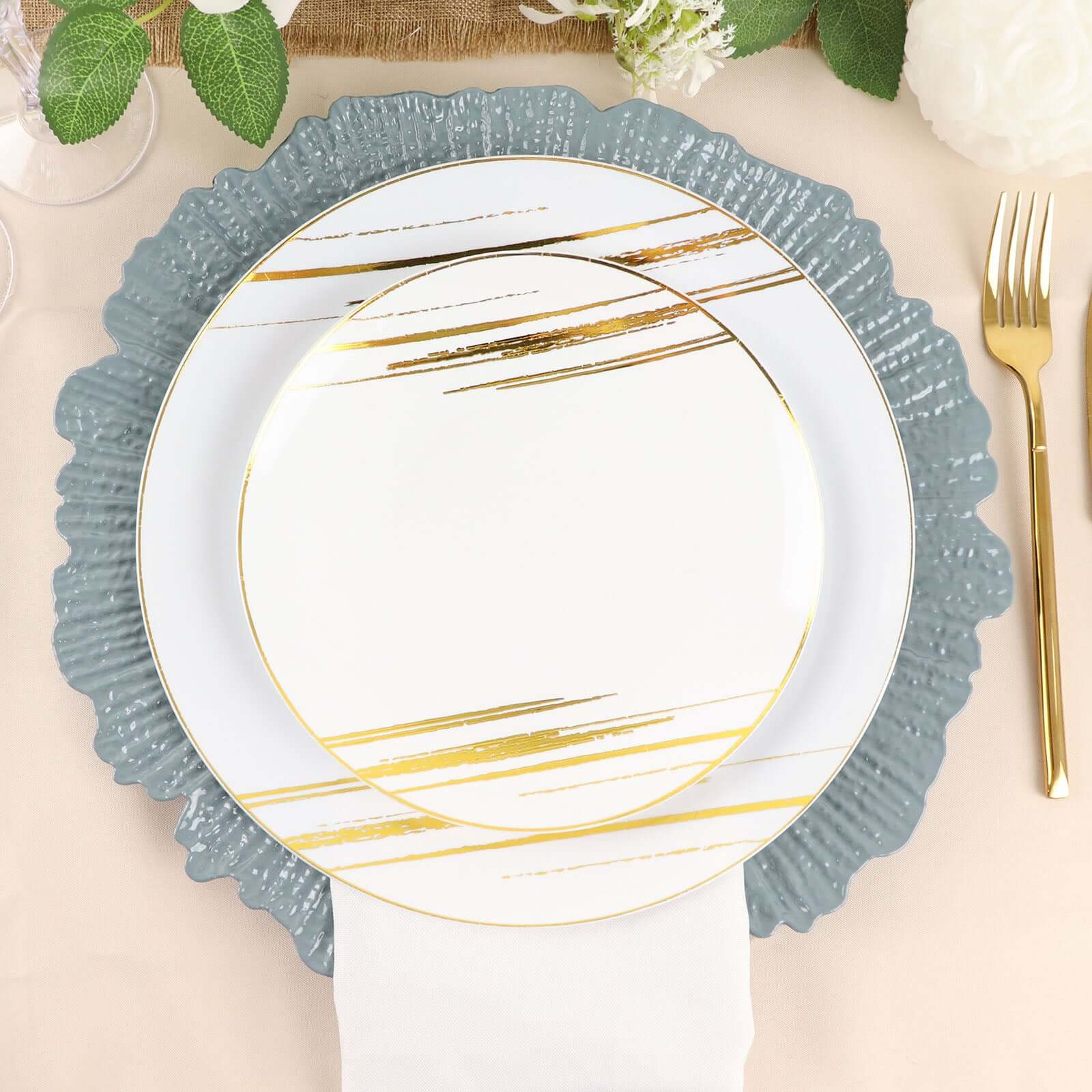 6 - Pack Acrylic Plastic Round Charger Plates 13" in Dusty Blue with Reef Design, Dinner Charger Tableware - Bell Racket Store