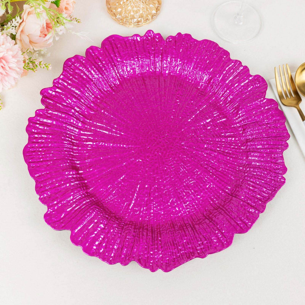 6 - Pack Acrylic Plastic Round Charger Plates 13" in Fuchsia with Reef Design, Dinner Charger Tableware - Bell Racket Store