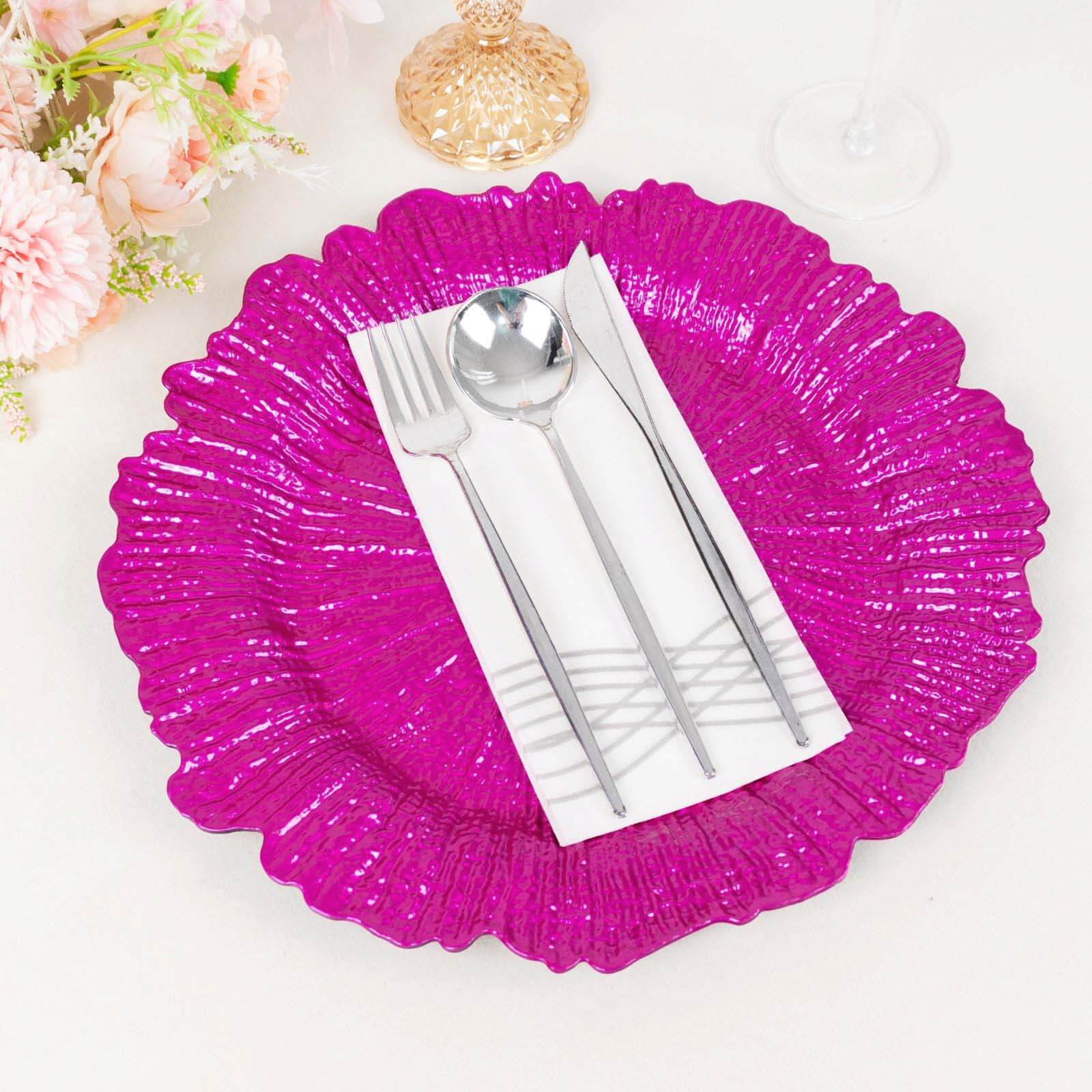 6 - Pack Acrylic Plastic Round Charger Plates 13" in Fuchsia with Reef Design, Dinner Charger Tableware - Bell Racket Store
