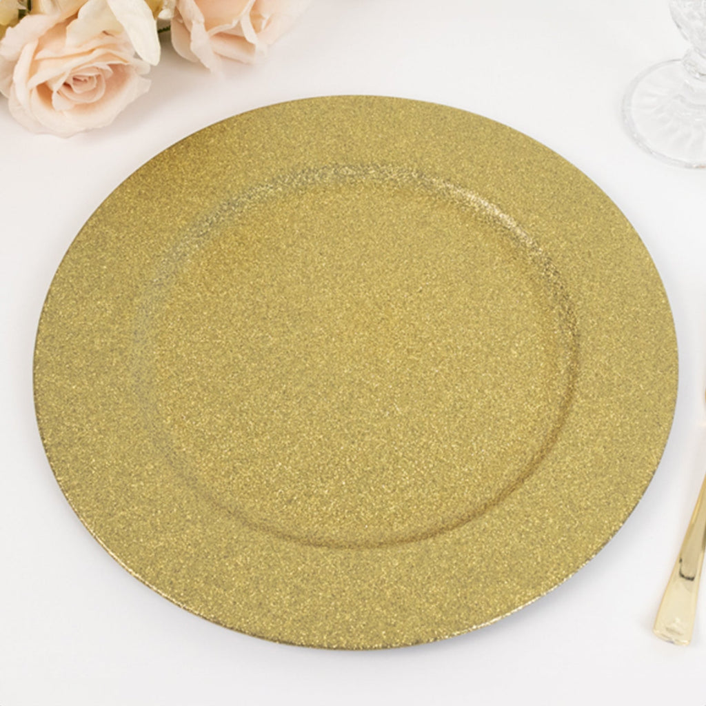 6-Pack Acrylic Plastic Round Charger Plates 13" in Gold with Dust Free Glitter Finish, Decorative Dinner Party Charger Tableware