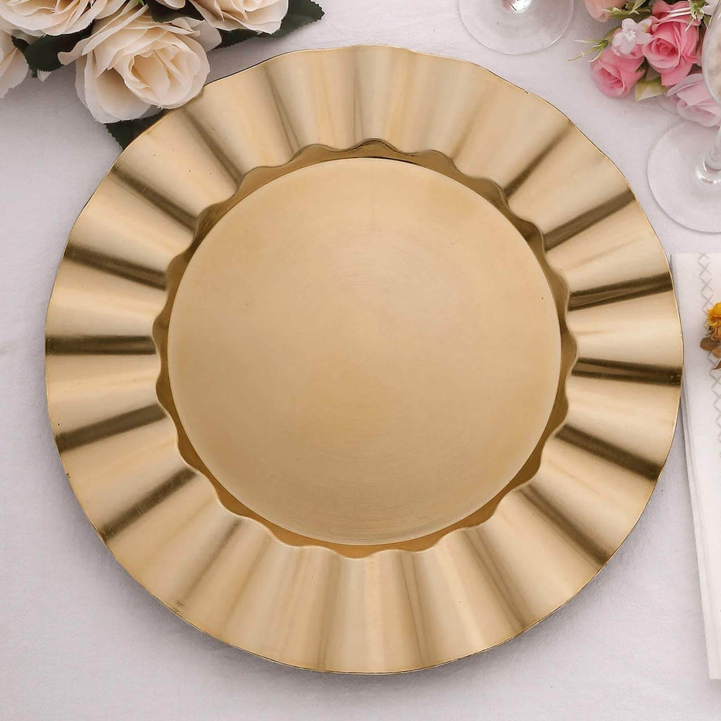 6 - Pack Acrylic Plastic Round Charger Plates 13" in Gold with Wavy Scalloped Rim, Decorative Dinner Party Charger Tableware - Bell Racket Store