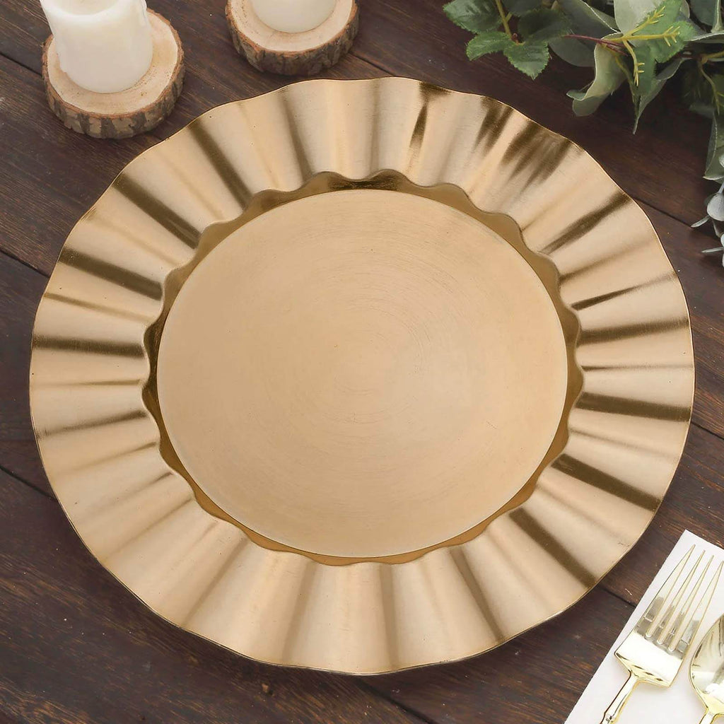 6 - Pack Acrylic Plastic Round Charger Plates 13" in Gold with Wavy Scalloped Rim, Decorative Dinner Party Charger Tableware - Bell Racket Store