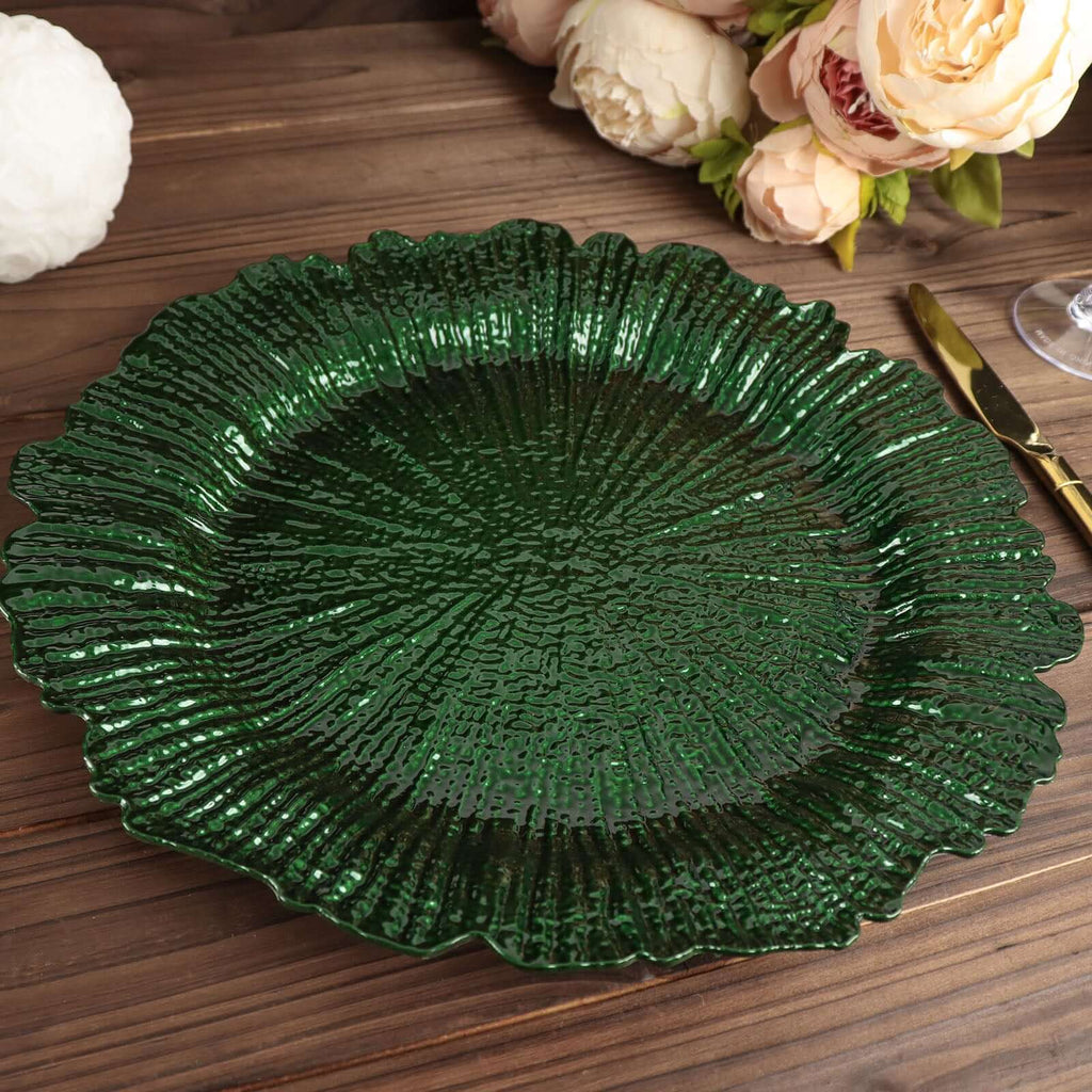 6 - Pack Acrylic Plastic Round Charger Plates 13" in Hunter Emerald Green with Reef Design, Dinner Charger Tableware - Bell Racket Store