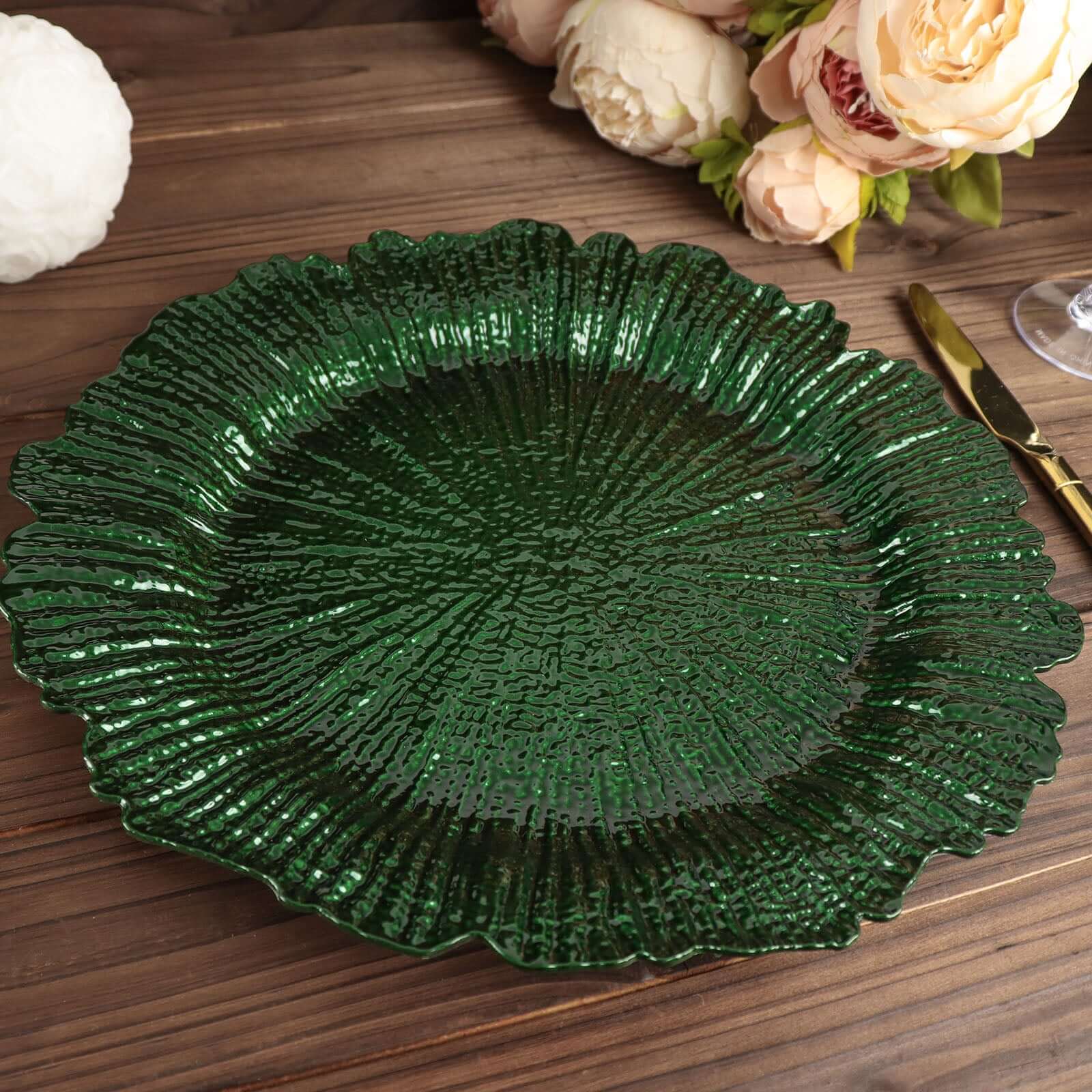 6 - Pack Acrylic Plastic Round Charger Plates 13" in Hunter Emerald Green with Reef Design, Dinner Charger Tableware - Bell Racket Store