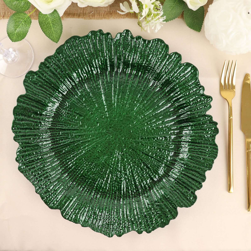 6 - Pack Acrylic Plastic Round Charger Plates 13" in Hunter Emerald Green with Reef Design, Dinner Charger Tableware - Bell Racket Store