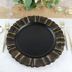 6 - Pack Acrylic Plastic Round Charger Plates 13" in Matte Black with Gold Brushed Wavy Scalloped Rim, Decorative Dinner Party Charger Tableware - Bell Racket Store