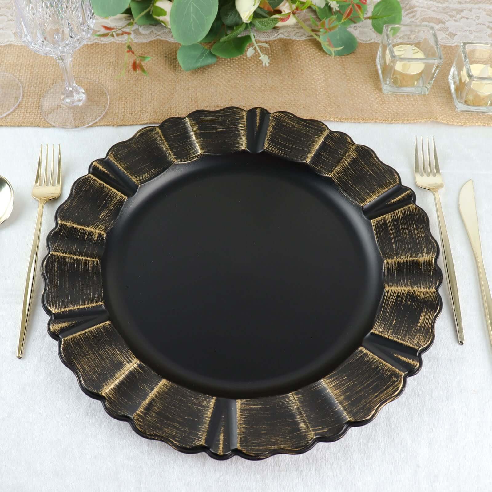 6 - Pack Acrylic Plastic Round Charger Plates 13" in Matte Black with Gold Brushed Wavy Scalloped Rim, Decorative Dinner Party Charger Tableware - Bell Racket Store