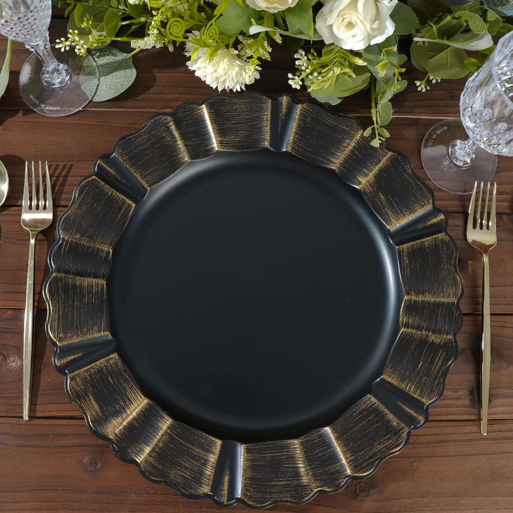 6 - Pack Acrylic Plastic Round Charger Plates 13" in Matte Black with Gold Brushed Wavy Scalloped Rim, Decorative Dinner Party Charger Tableware - Bell Racket Store
