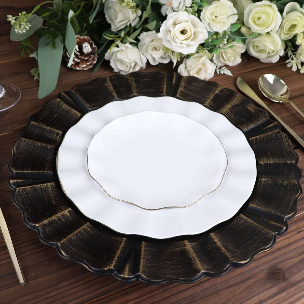 6 - Pack Acrylic Plastic Round Charger Plates 13" in Matte Black with Gold Brushed Wavy Scalloped Rim, Decorative Dinner Party Charger Tableware - Bell Racket Store