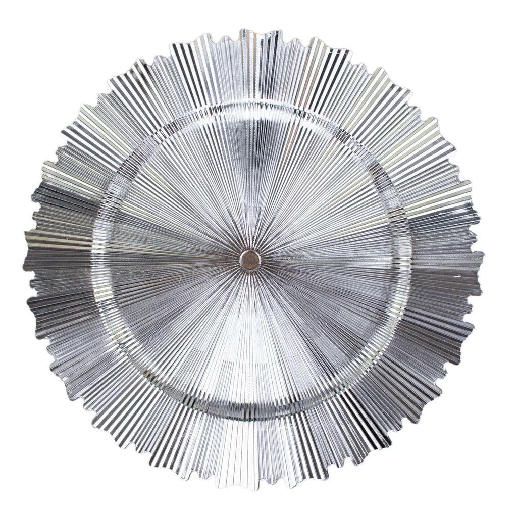 6 - Pack Acrylic Plastic Round Charger Plates 13" in Metallic Silver with Sunray Scalloped Rim, Decorative Dinner Party Charger Tableware - Bell Racket Store