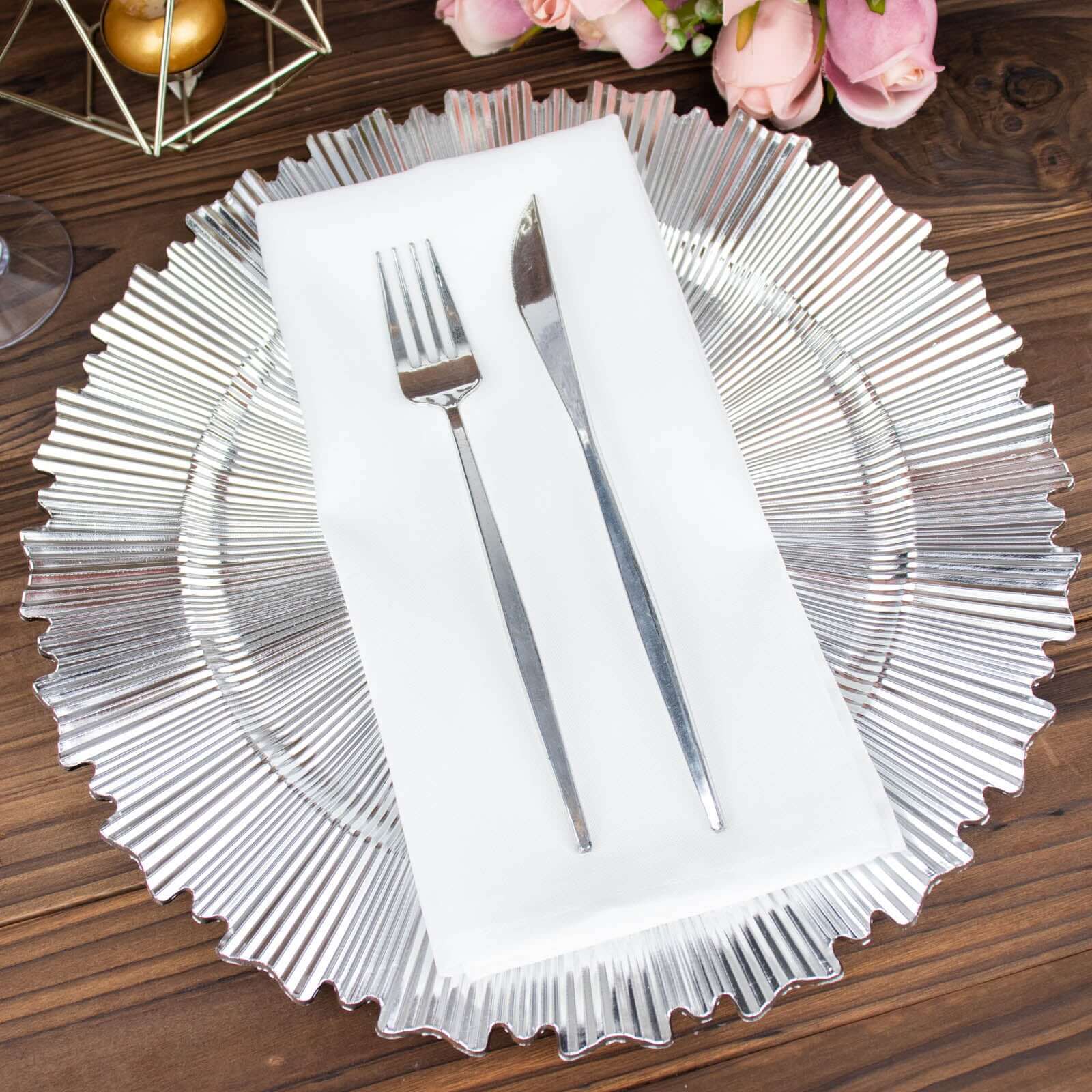 6 - Pack Acrylic Plastic Round Charger Plates 13" in Metallic Silver with Sunray Scalloped Rim, Decorative Dinner Party Charger Tableware - Bell Racket Store