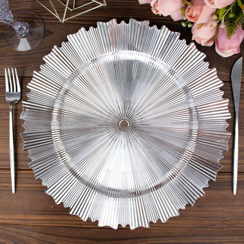 6 - Pack Acrylic Plastic Round Charger Plates 13" in Metallic Silver with Sunray Scalloped Rim, Decorative Dinner Party Charger Tableware - Bell Racket Store