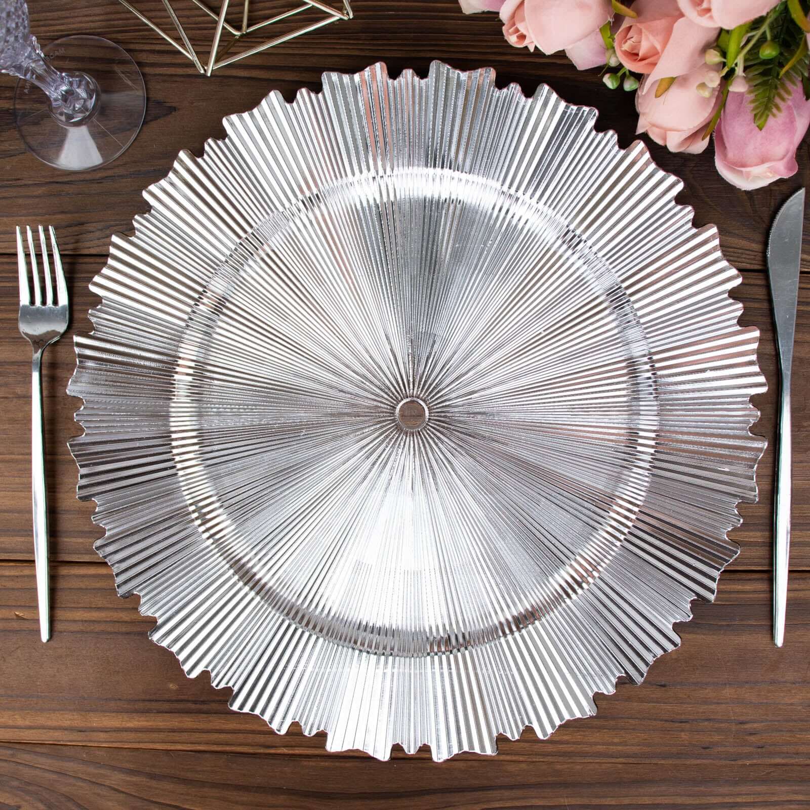 6 - Pack Acrylic Plastic Round Charger Plates 13" in Metallic Silver with Sunray Scalloped Rim, Decorative Dinner Party Charger Tableware - Bell Racket Store