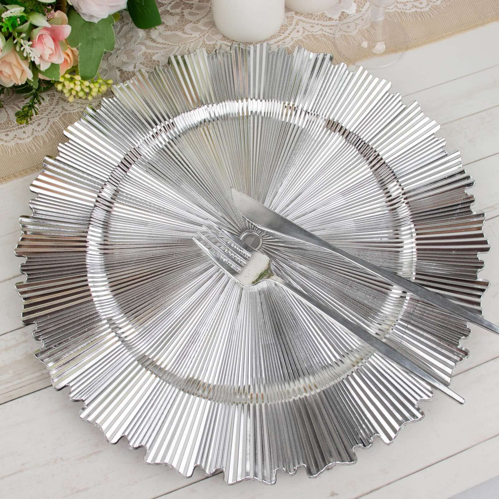 6 - Pack Acrylic Plastic Round Charger Plates 13" in Metallic Silver with Sunray Scalloped Rim, Decorative Dinner Party Charger Tableware - Bell Racket Store