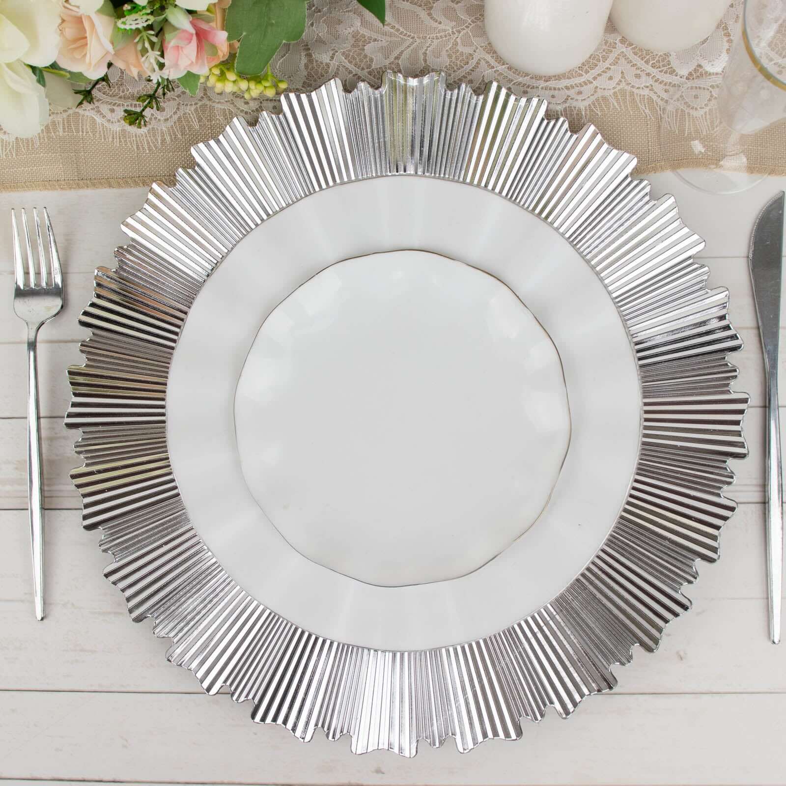 6 - Pack Acrylic Plastic Round Charger Plates 13" in Metallic Silver with Sunray Scalloped Rim, Decorative Dinner Party Charger Tableware - Bell Racket Store