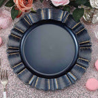 6-Pack Acrylic Plastic Round Charger Plates 13" in Navy Blue with Gold Brushed Wavy Scalloped Rim, Decorative Dinner Party Charger Tableware