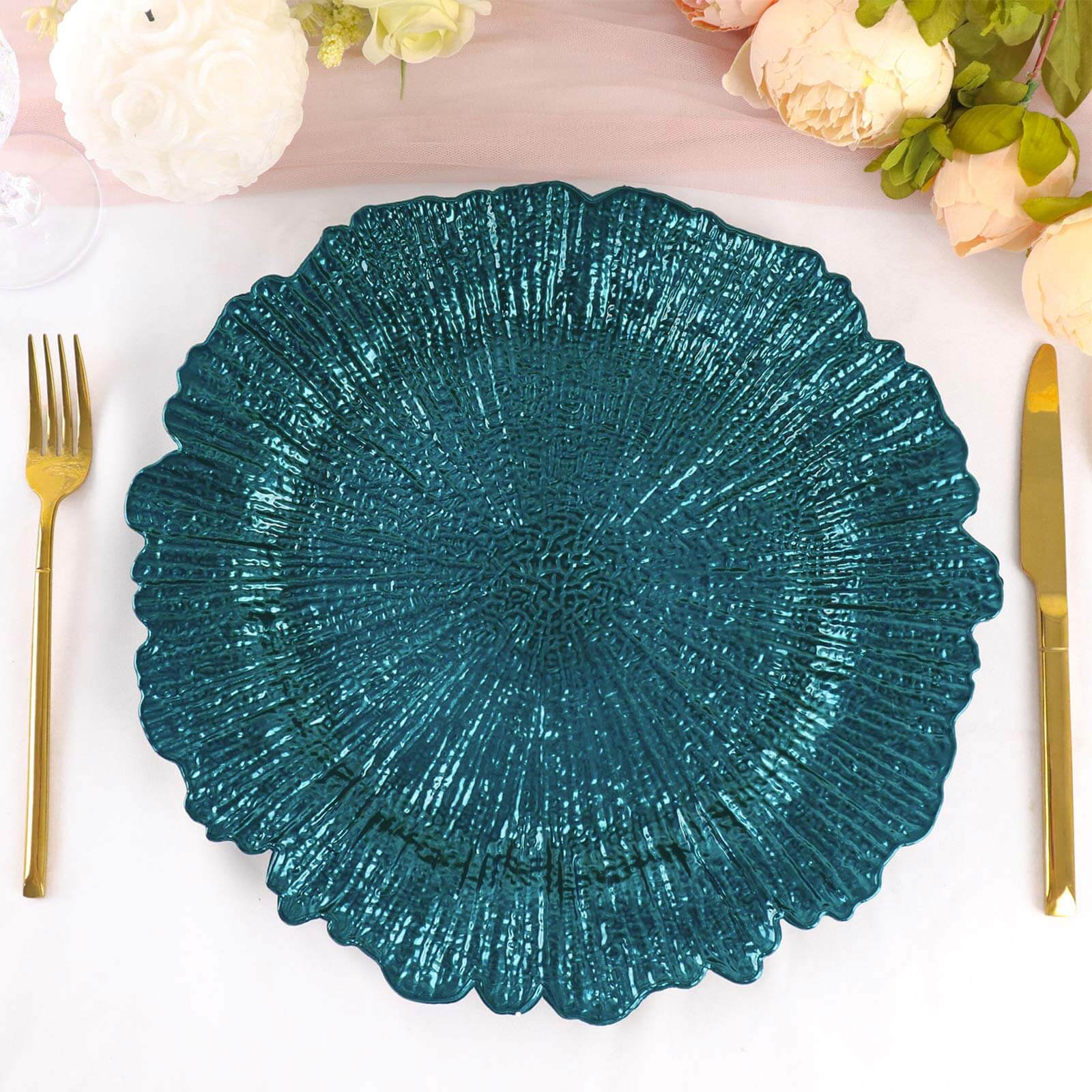 6 - Pack Acrylic Plastic Round Charger Plates 13" in Peacock Teal with Reef Design, Dinner Charger Tableware - Bell Racket Store