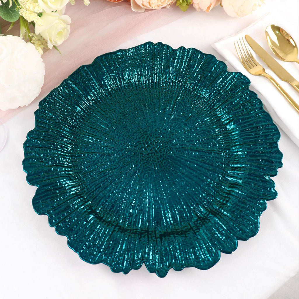 6 - Pack Acrylic Plastic Round Charger Plates 13" in Peacock Teal with Reef Design, Dinner Charger Tableware - Bell Racket Store