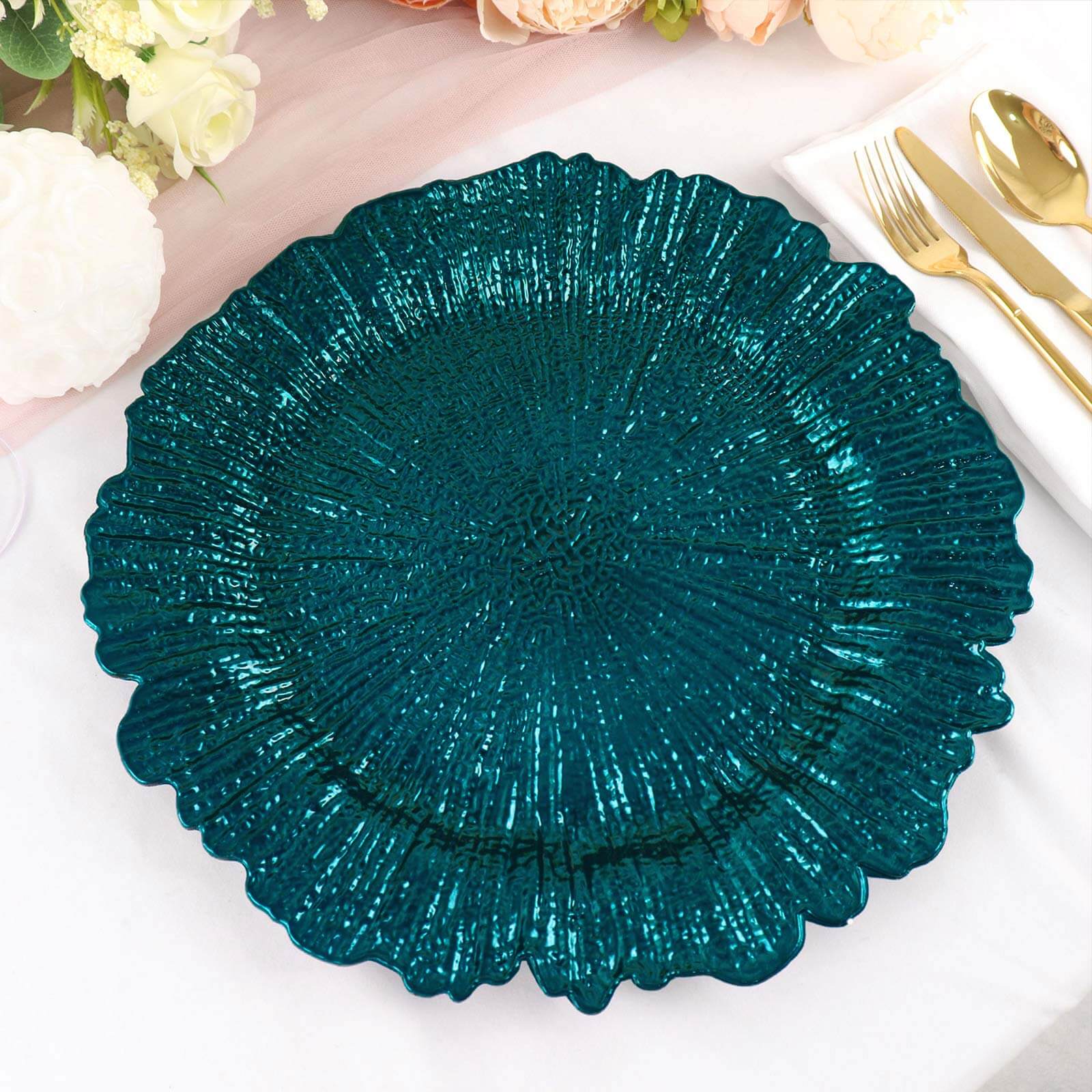 6 - Pack Acrylic Plastic Round Charger Plates 13" in Peacock Teal with Reef Design, Dinner Charger Tableware - Bell Racket Store
