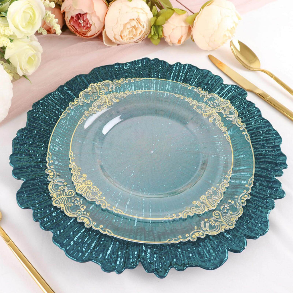 6 - Pack Acrylic Plastic Round Charger Plates 13" in Peacock Teal with Reef Design, Dinner Charger Tableware - Bell Racket Store