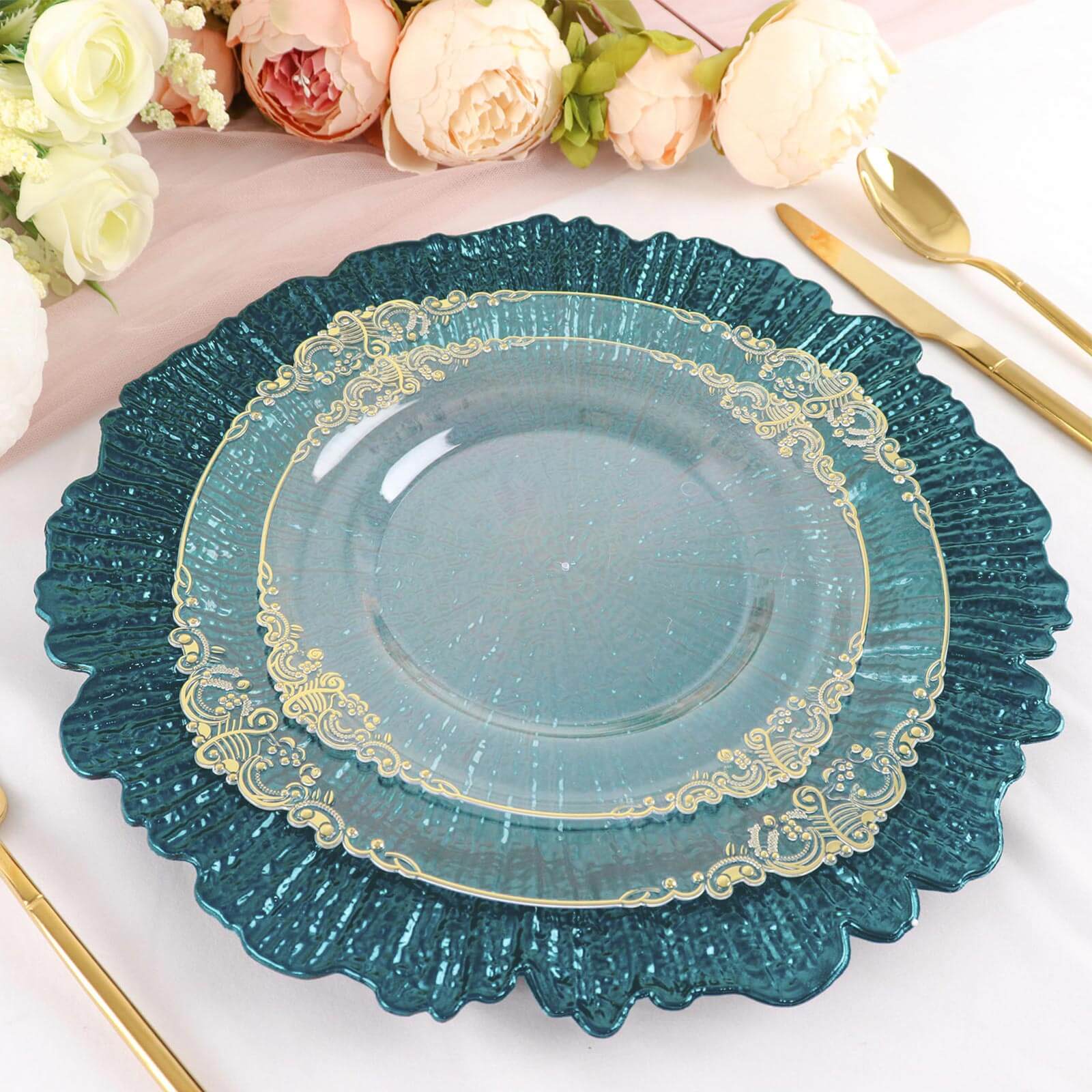 6 - Pack Acrylic Plastic Round Charger Plates 13" in Peacock Teal with Reef Design, Dinner Charger Tableware - Bell Racket Store