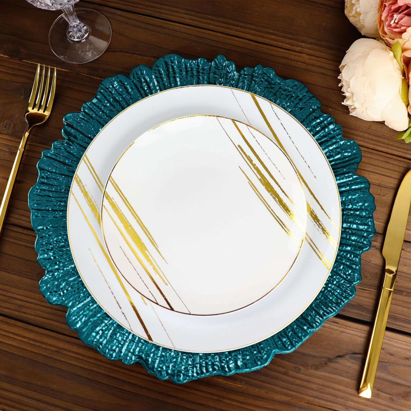 6 - Pack Acrylic Plastic Round Charger Plates 13" in Peacock Teal with Reef Design, Dinner Charger Tableware - Bell Racket Store