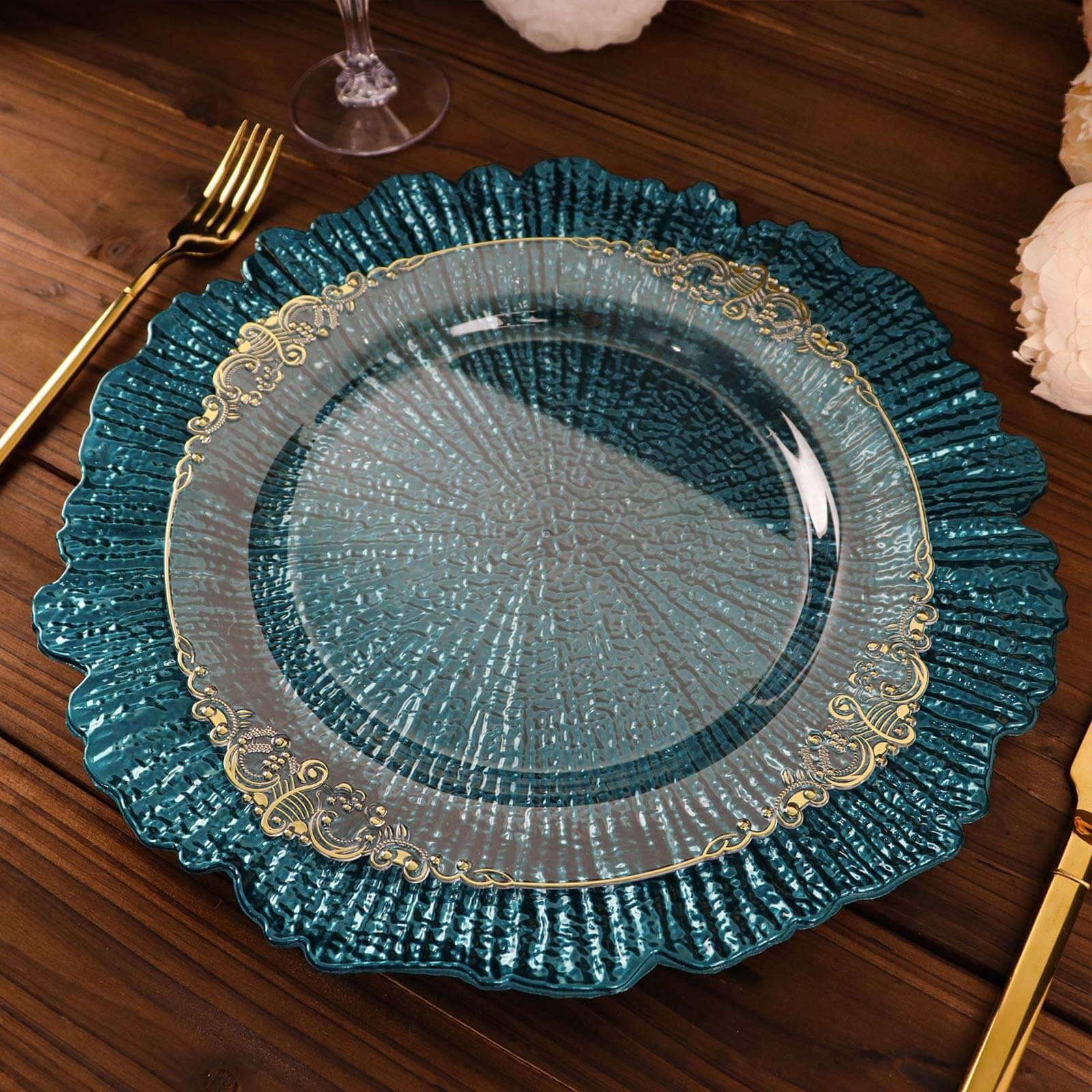 6 - Pack Acrylic Plastic Round Charger Plates 13" in Peacock Teal with Reef Design, Dinner Charger Tableware - Bell Racket Store