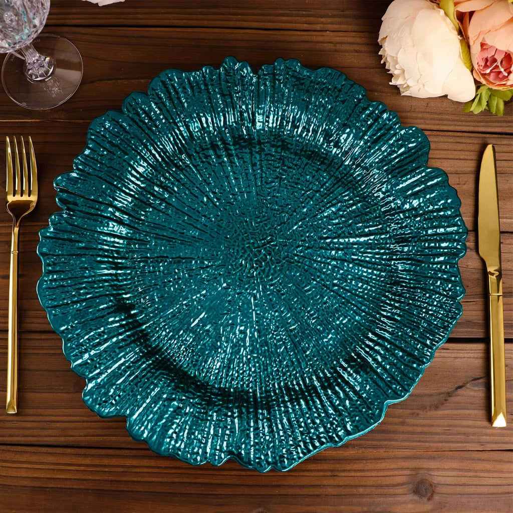6 - Pack Acrylic Plastic Round Charger Plates 13" in Peacock Teal with Reef Design, Dinner Charger Tableware - Bell Racket Store