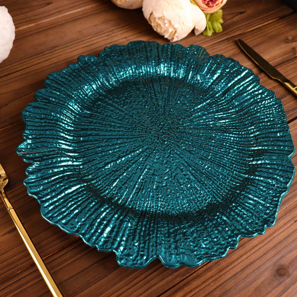 6 - Pack Acrylic Plastic Round Charger Plates 13" in Peacock Teal with Reef Design, Dinner Charger Tableware - Bell Racket Store