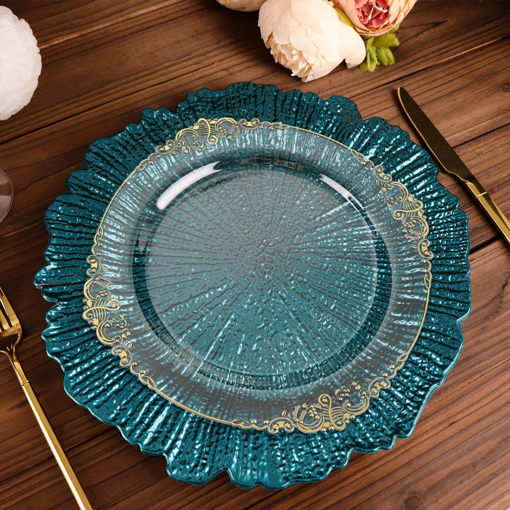 6 - Pack Acrylic Plastic Round Charger Plates 13" in Peacock Teal with Reef Design, Dinner Charger Tableware - Bell Racket Store